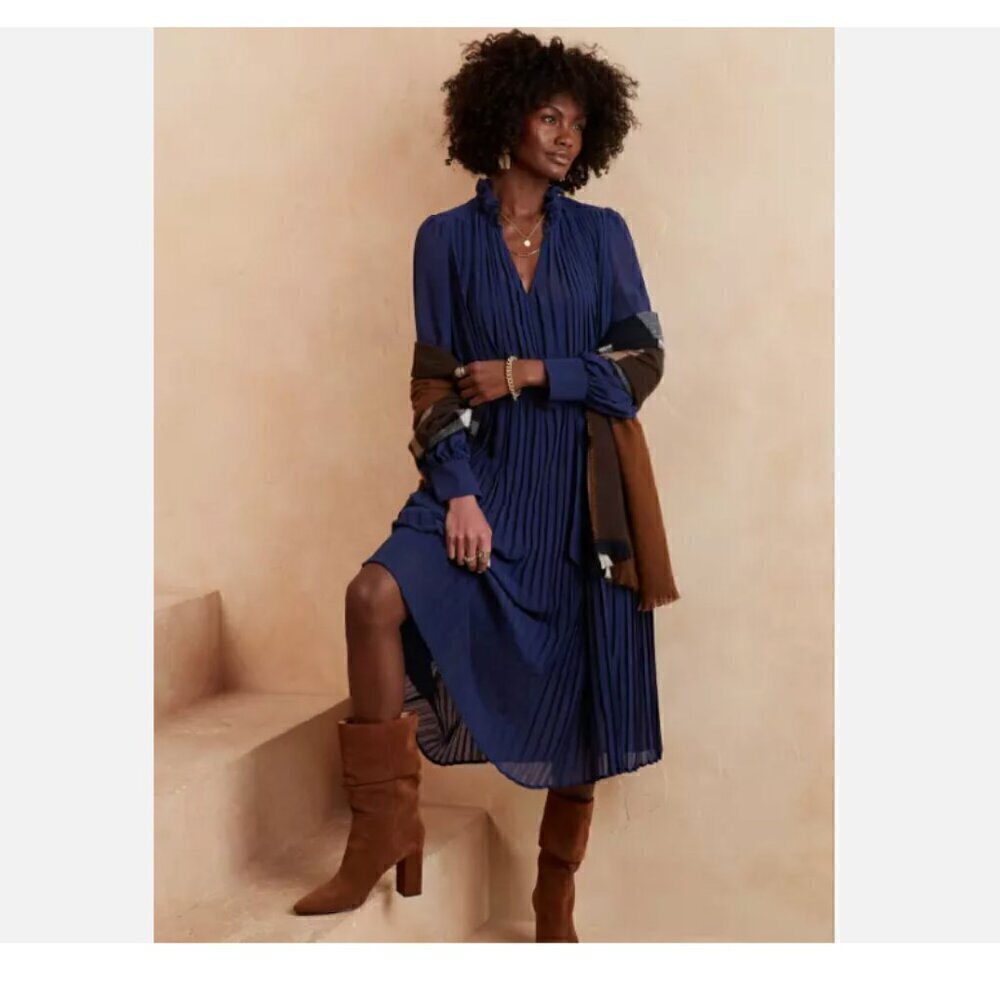 Banana Republic RARE Chiffon PLEATED Midi BOHO Dress Patriot Blue sz XXS PETITE